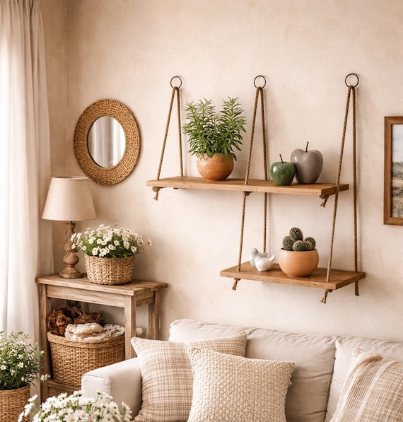 Wandregal zum Aufhängen aus Juteseil – Handgefertigtes Regal in Goldeneiche, Boho & Skandinavischer Stil