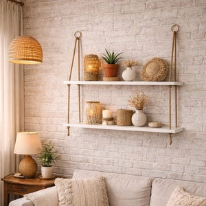 May include: A two-tier white wooden wall shelf suspended by thick jute ropes. The shelves hold various decorative items including a potted succulent, woven lanterns, white vases with dried flowers, and a round textured object, all against a brick wall.