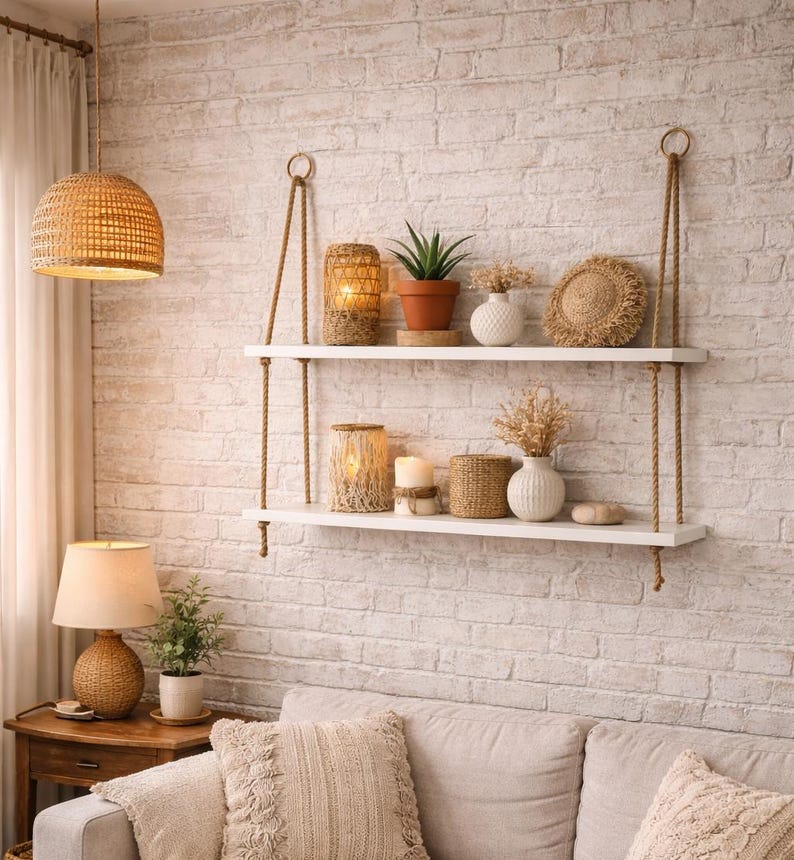 May include: A two-tier white wooden wall shelf suspended by thick jute ropes. The shelves hold various decorative items including a potted succulent, woven lanterns, white vases with dried flowers, and a round textured object, all against a brick wall.
