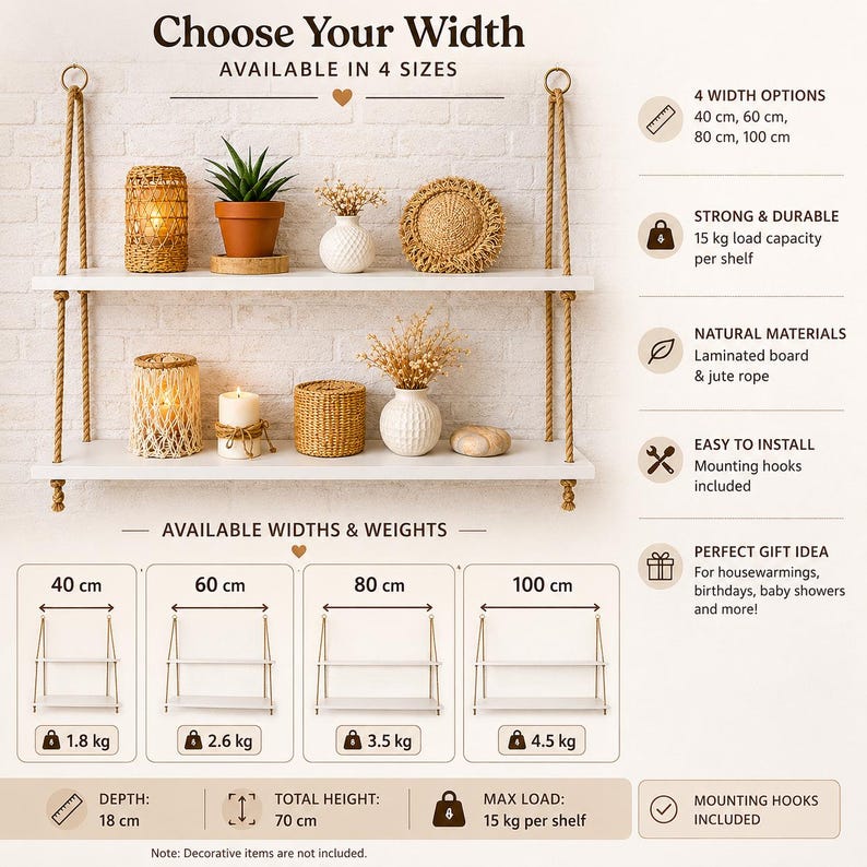 May include: A two-tier white wall shelf suspended by thick jute ropes. The shelves feature a 15 kg load capacity per shelf and are available in widths of 40 cm, 60 cm, 80 cm, and 100 cm. The total height is 70 cm with a shelf depth of 18 cm.