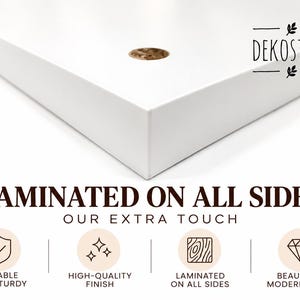 May include: A white rectangular board with a smooth laminated finish and circular pre-drilled holes. The text DEKOSTERA appears in the corner. Below, the text reads LAMINATED ON ALL SIDES OUR EXTRA TOUCH with four icons representing durability, finish, lamination, and appearance.