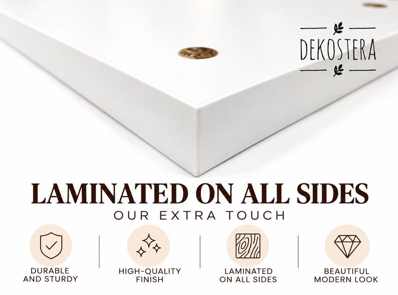May include: A white rectangular board with a smooth laminated finish and circular pre-drilled holes. The text DEKOSTERA appears in the corner. Below, the text reads LAMINATED ON ALL SIDES OUR EXTRA TOUCH with four icons representing durability, finish, lamination, and appearance.