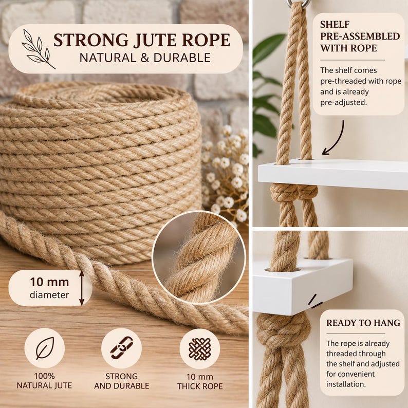 May include: A coil of natural tan jute rope with a 10 mm diameter, featuring a twisted fiber texture. The rope is shown threaded through white wooden shelves, pre-assembled and ready to hang, with text labels highlighting its durability.