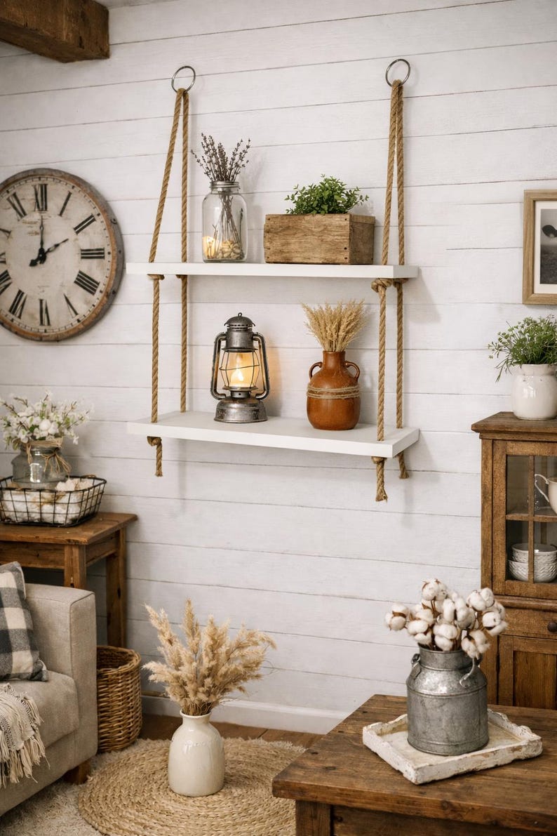 May include: A two-tier wall-mounted shelf unit featuring two rectangular white wooden boards suspended by thick tan jute ropes. The ropes are secured at the top with metal rings, creating a hanging display for decorative items and home accessories.
