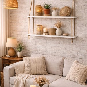 May include: Two white rectangular shelves suspended by thick tan ropes against a white brick wall. The shelves hold various decorative items including woven lanterns, potted plants, white vases with dried flowers, and small round textured objects.