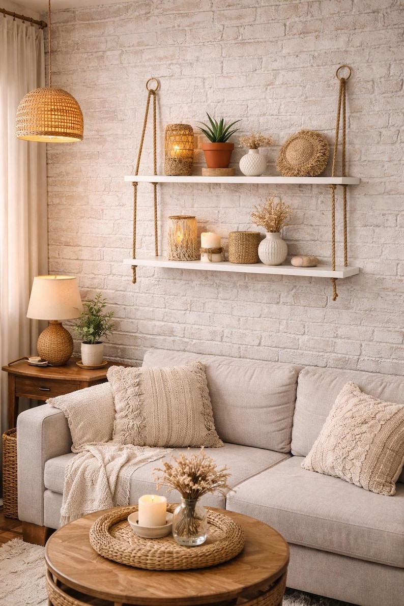 May include: Two white rectangular shelves suspended by thick tan ropes against a white brick wall. The shelves hold various decorative items including woven lanterns, potted plants, white vases with dried flowers, and small round textured objects.