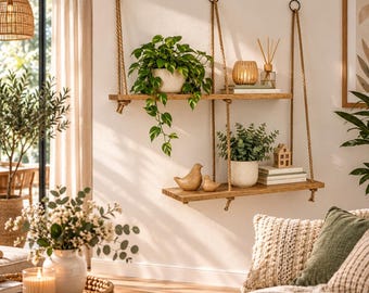 May include: A two-tiered wall-mounted shelving unit made of light brown wood planks suspended by thick twisted rope. The shelves hold a potted trailing plant, a small wooden bird figurine, a potted green plant, and stacked books.