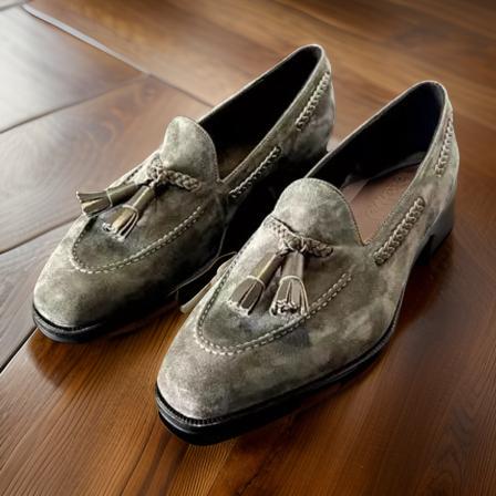 Handmade Men's Gray Suede Tassel Loafers – Premium Quality