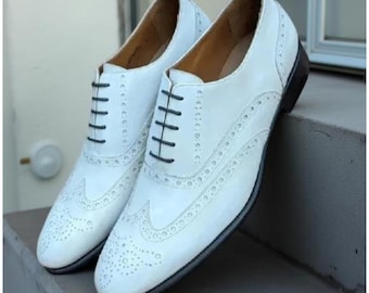 Men’s White Leather Brogue Formal Dress Shoes – Handmade Luxury Footwear
