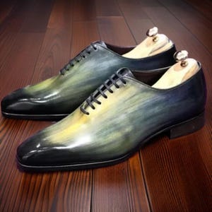 Handmade Men&#39;s Green Cowhide Leather Oxford Dress Shoes
