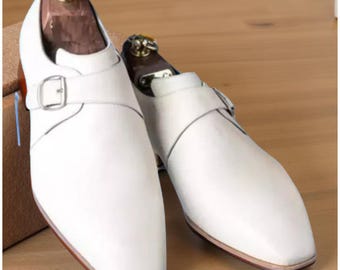 Handmade Men’s White Buckle Monk Shoes – Premium Leather Dress Shoes
