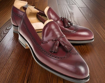 Handmade Men&#39;s Bentley Burgundy Tassel Loafer