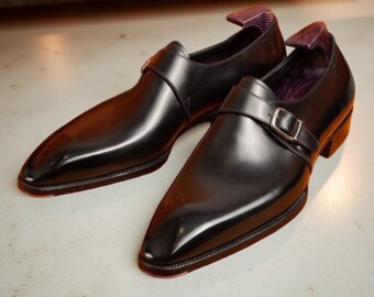 Handmade Men's Black Leather Slip-On Monk Strap Shoes – Formal Dress Comfort