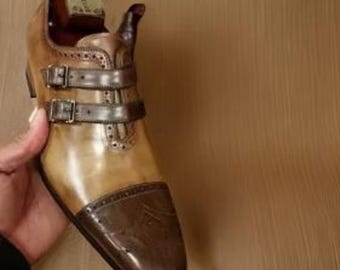 Handmade Brown Double Buckle Two-Tone Monk Strap Formal Shoes for Men