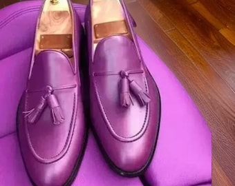 Bespoke Handmade Men's Purple Leather Slip-On Moccasin Tassel Dress Shoes
