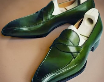 Handmade Men’s Premium Green Leather Loafers