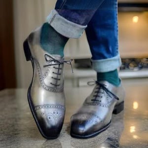 Handmade Men&#39;s Gray Brogue Leather Dress Shoes & Classic Gray Oxford Shoes for Formal and Dress Wear