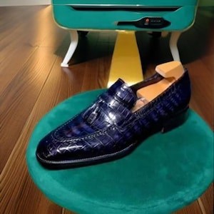Handmade Men's Blue Leather Loafer Tassel Shoes – Durable & Stylish