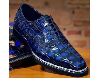 Handmade Men's Blue Leather Lace-Up Shoes – Formal & Casual
