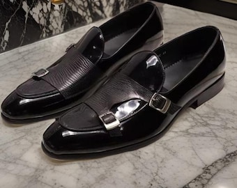Herren handgefertigte Leder Monk Strap Loafers - Schwarz