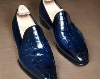 Mocassins de couro azul masculinos feitos à mão – Sapatos sociais formais sem cadarço