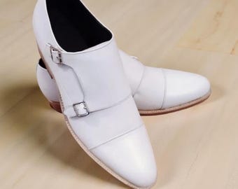 Handmade Men’s White Leather Double Buckle Oxford Dress Shoes