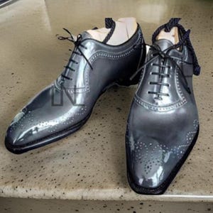 Handmade Men's Gray Oxford Brogue Leather Shoes