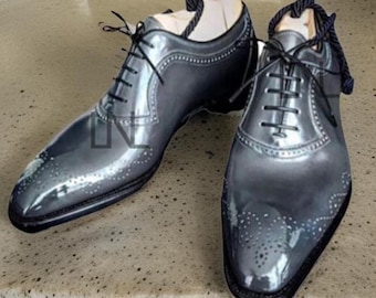 Handmade Men's Gray Oxford Brogue Leather Shoes