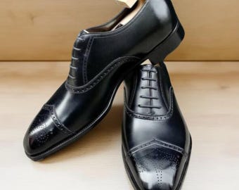 Mens Tailor-Made Black Leather Cap Toe Dress Shoes
