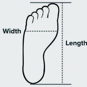 May include: Black and white illustration of a foot, with lines indicating length and width measurements. The word "Width" is labeled above a dashed line, and "Length" is next to a dotted line, showing how to measure a foot.
