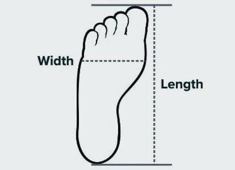 May include: Black and white illustration of a foot, with lines indicating length and width measurements. The word "Width" is labeled above a dashed line, and "Length" is next to a dotted line, showing how to measure a foot.