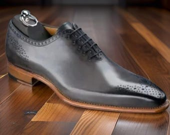Handmade Men's Leather Wingtip Oxfords – Premium Gray Derby Toe Shoes