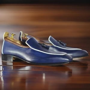 Handmade Men's Blue Leather Loafers | Stylish Tassel Designer Shoes