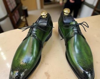 Men's Handmade Green & Black Leather Derby Lace-Up Dress Shoes