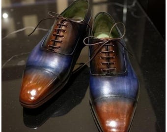 Men’s Two-Tone Oxford Lace-Up Toe Cap Dress Shoes – Handmade Pure Leather