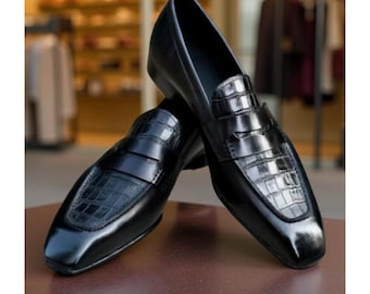 Handmade Men's Black Leather Moccasin Loafers