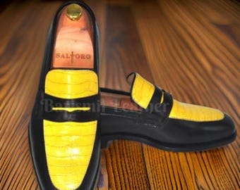 Handmade Two-Tone Black & Yellow Leather Loafers – Men's Formal Dress Shoes