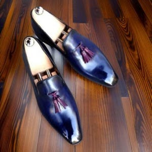 Bespoke Handmade Genuine Leather Slip-On Loafers – Blue Patina Tassel Men&#39;s Shoes