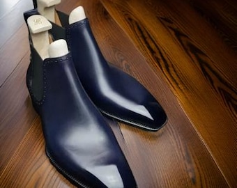 Handmade Blue Leather Chelsea Boots – Wingtip Oxford Dress Boots for Men