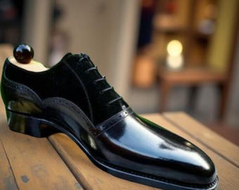 Handmade Men's Black Leather & Suede Whole Cut Oxford Dress Shoes