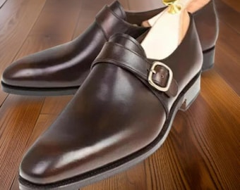 Men's Handmade Brown Leather Formal Single Monk Strap Dress Shoes