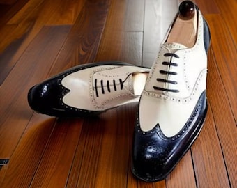 Handmade Men’s Oxford Wingtip Shoes – White & Black Leather
