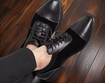 Handgefertigte Herren Schwarz Echtleder & Wildleder Schnürschuhe Cap Toe Brogue Schuhe