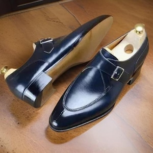 Handmade Men's Navy Blue Cowhide Leather Dress Shoes – Formal