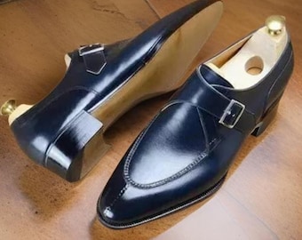 Handmade Men&#39;s Navy Blue Cowhide Leather Dress Shoes – Formal