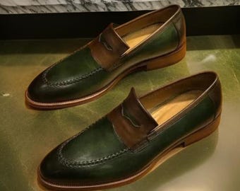 Handmade Leather Green & Brown Moccasin Shoes for Men Stylish Loafers Dress Shoes