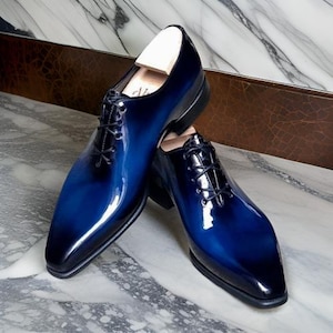 Men&#39;s Handmade Blue  Leather Oxford Dress Shoes