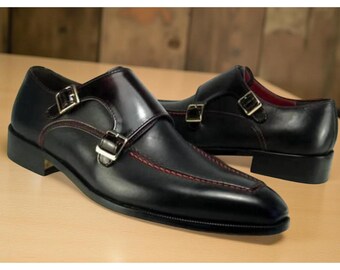Handmade Black Double Monk Strap Formal Dress Shoes for Men