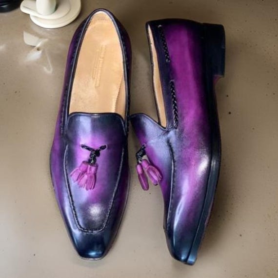 Mocasines de cuero morado hechos a mano para hombre: zapatos