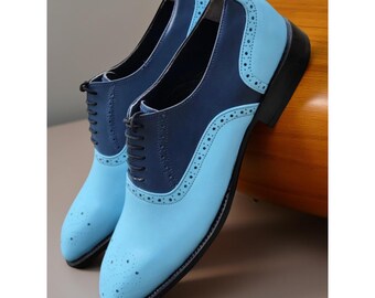 Handmade Men’s Two-Tone Classic Blue Leather Oxford Dress Shoes